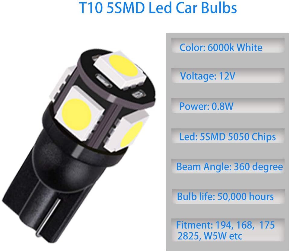 LED  Диодни Крушки За Габарит, Т10 W5W, 5 SMD, 12V, Бяла Светлина