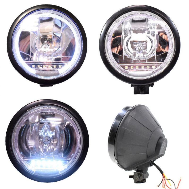 Един 1 Брой Халоген, Фар, Ø 225мм, 12V 24V, Крушка H1 + 6 LED Диода, E-Mark, За Камион, Трактор, Багер, Земеделски Машини и др.