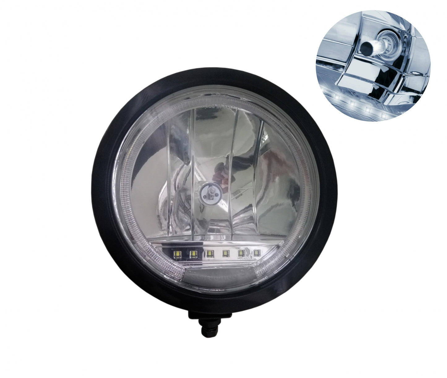 Един 1 Брой Халоген, Фар, Ø 225мм, 12V 24V, Крушка H1 + 6 LED Диода, E-Mark, За Камион, Трактор, Багер, Земеделски Машини и др.