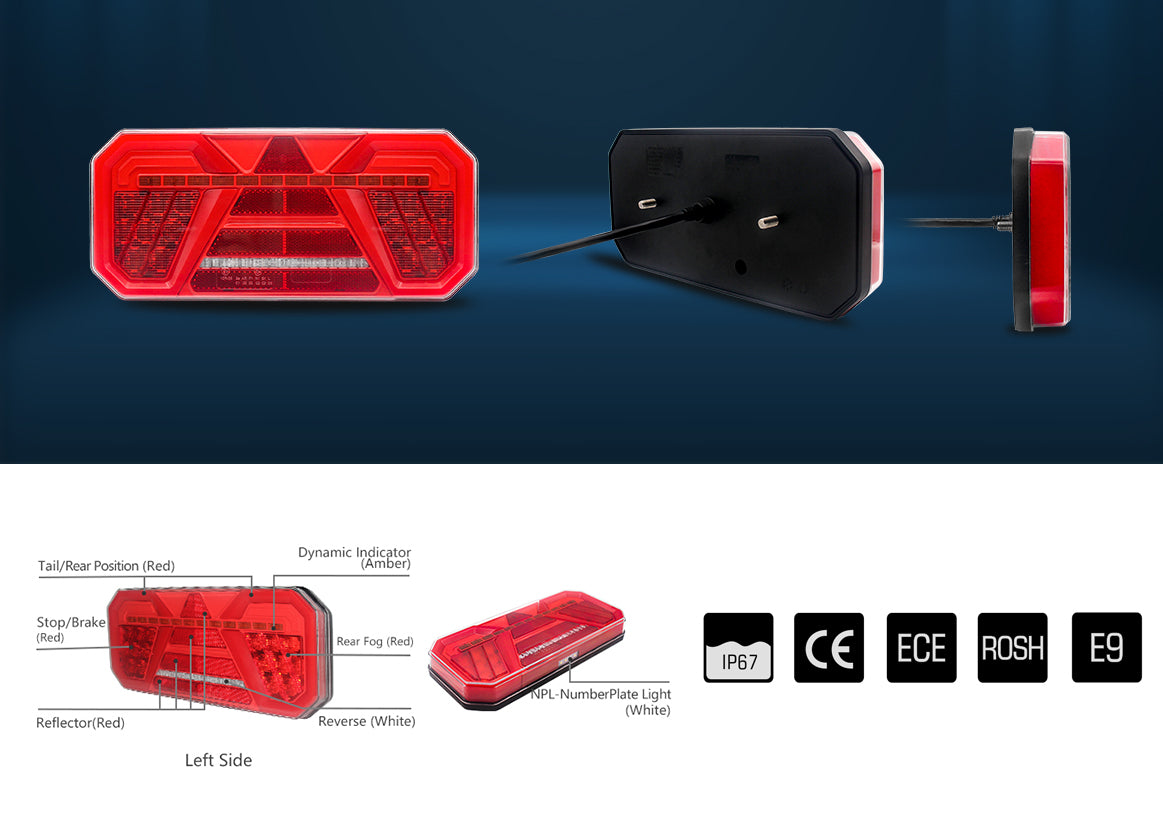 Комплект Ляв + Десен Мултифункционални Диодни LED  Стопове с Бягащ Мигач Неон Neon Ефект 12V 24V 305mm X 140mm X 35mm E9 За Бус Камион Тир Ремарке Караванa