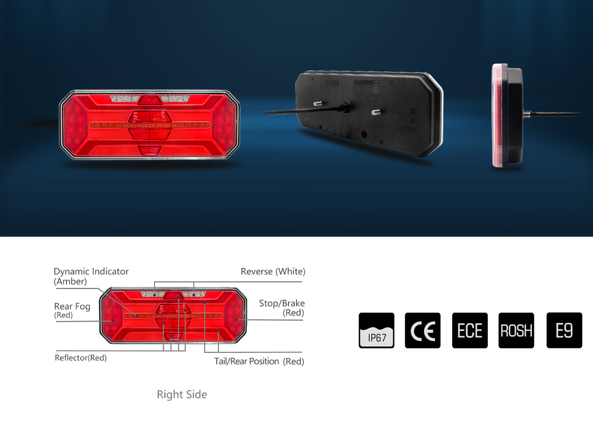 Комплект Ляв + Десен Мултифункционални Диодни LED  Стопове с Бягащ Мигач Неон Neon Ефект 12V 24V 350mm X 131 mm X 60mm E9 За Бус Камион Тир Ремарке Караванa
