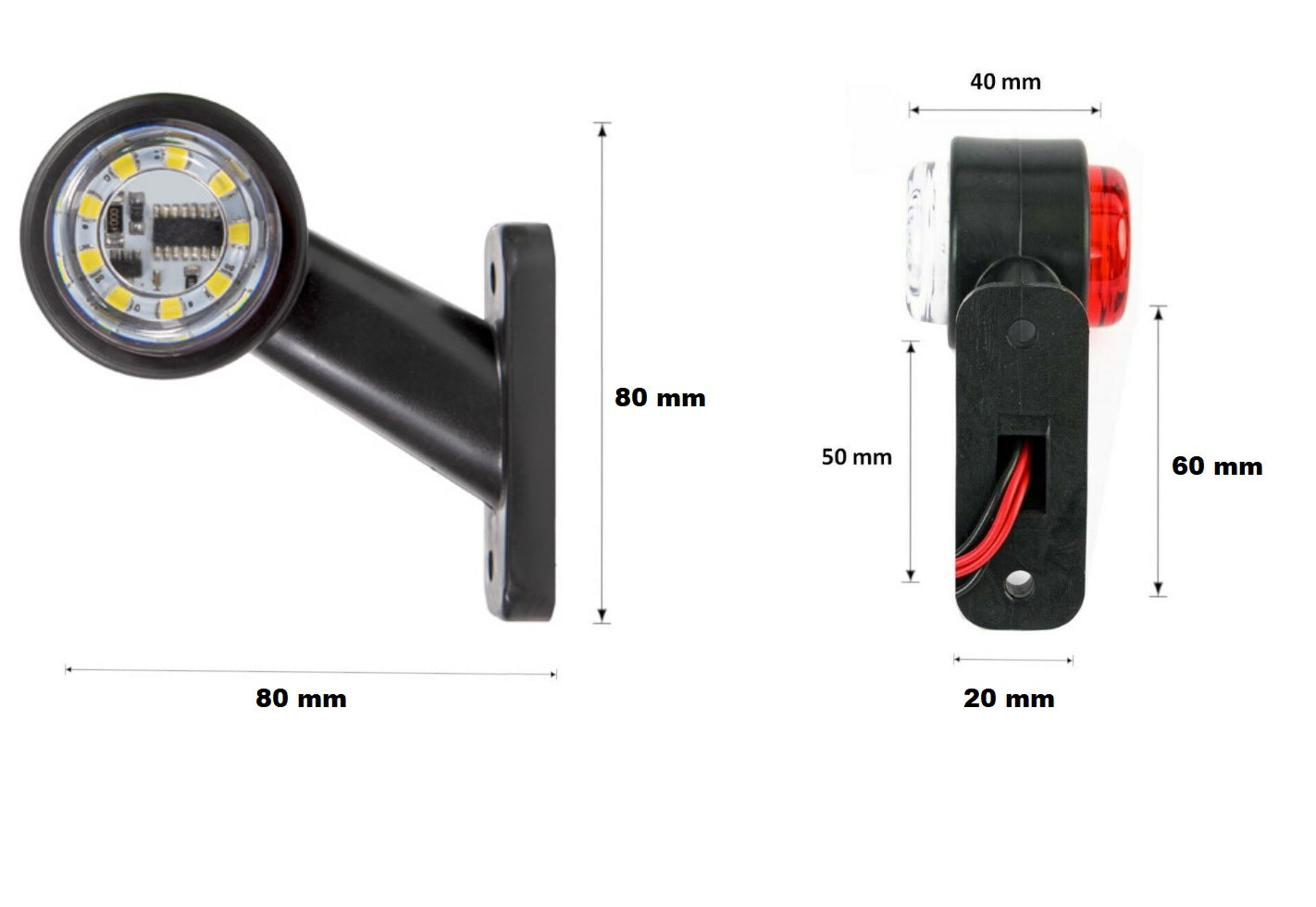 Комплект от 2 броя 12- 24V LED къси мини странични габаритни светлини тип рогче въртящи се с ротация за камион ремарке платформа каравана и др. бяло-червен 80 X 60 mm