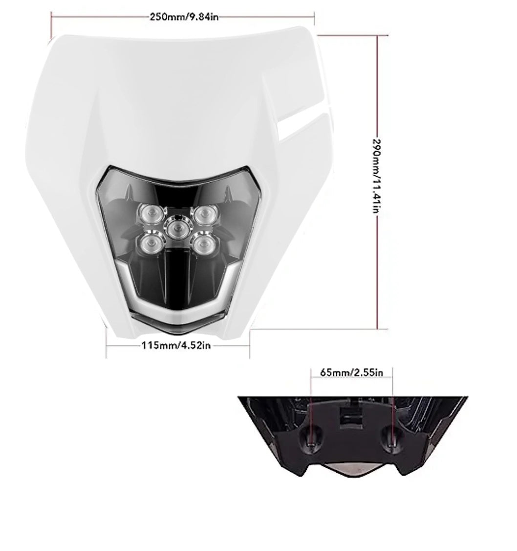 Маска с LED Фар за мотор, мотоциклет Бяла с къси и дълги светлини - Универсален модел за ENDURO / Trail / Streetfighter