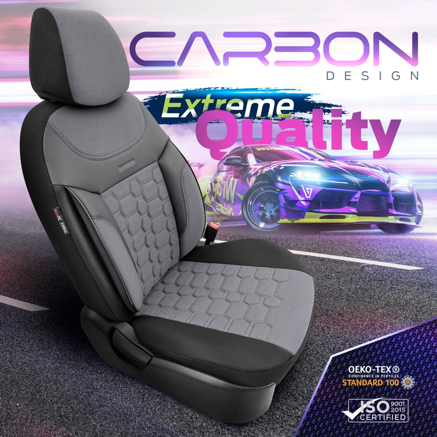 Комплект Луксозна Тапицерия OTOM текстил с еко кожа CARBON Design – Сива със сив шев, за Предни и Задни Седалки