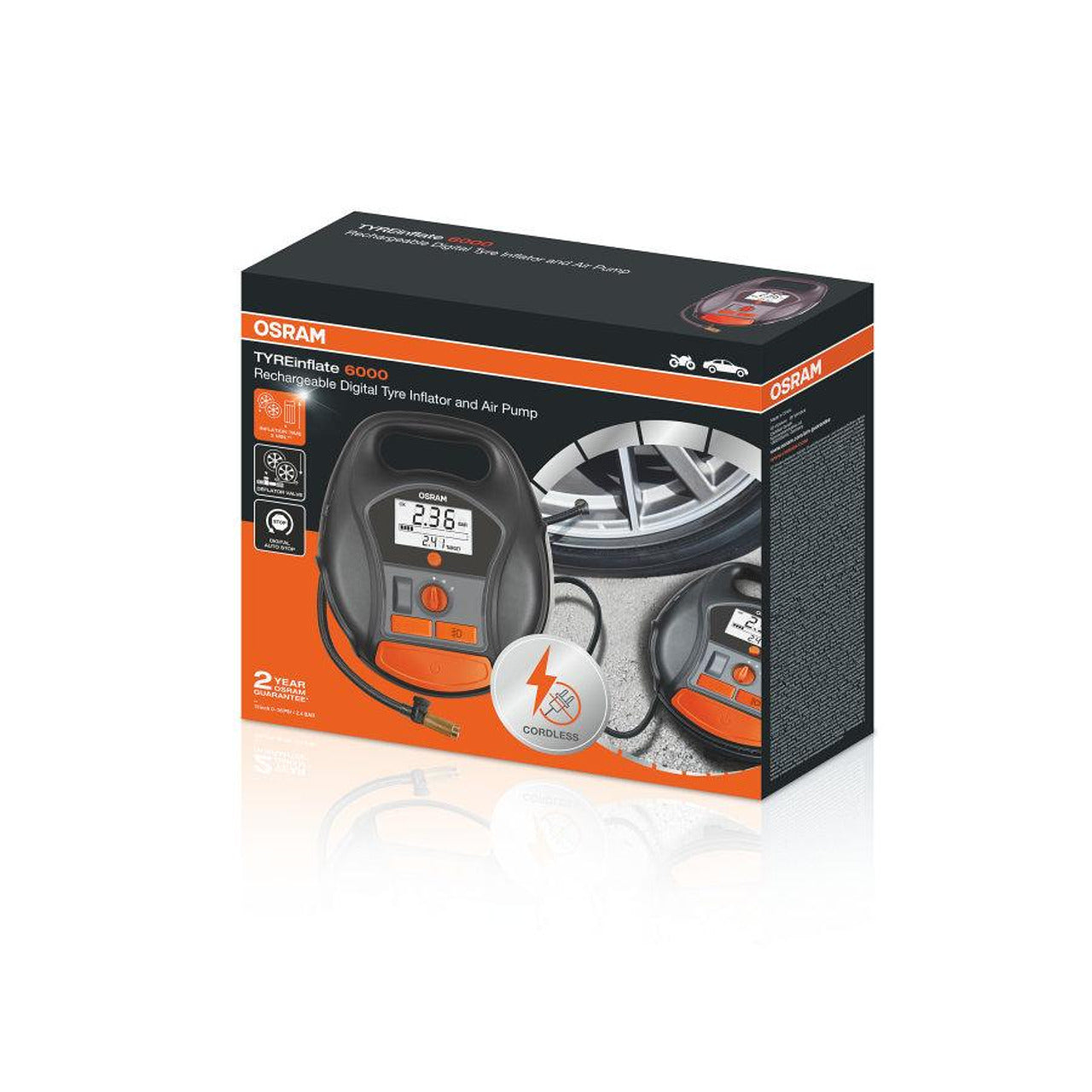 Акумулаторен дигитален компресор за гуми OSRAM TYREinflate 6000, 5.5 bar, 12V, 90dB, с вградена батерия