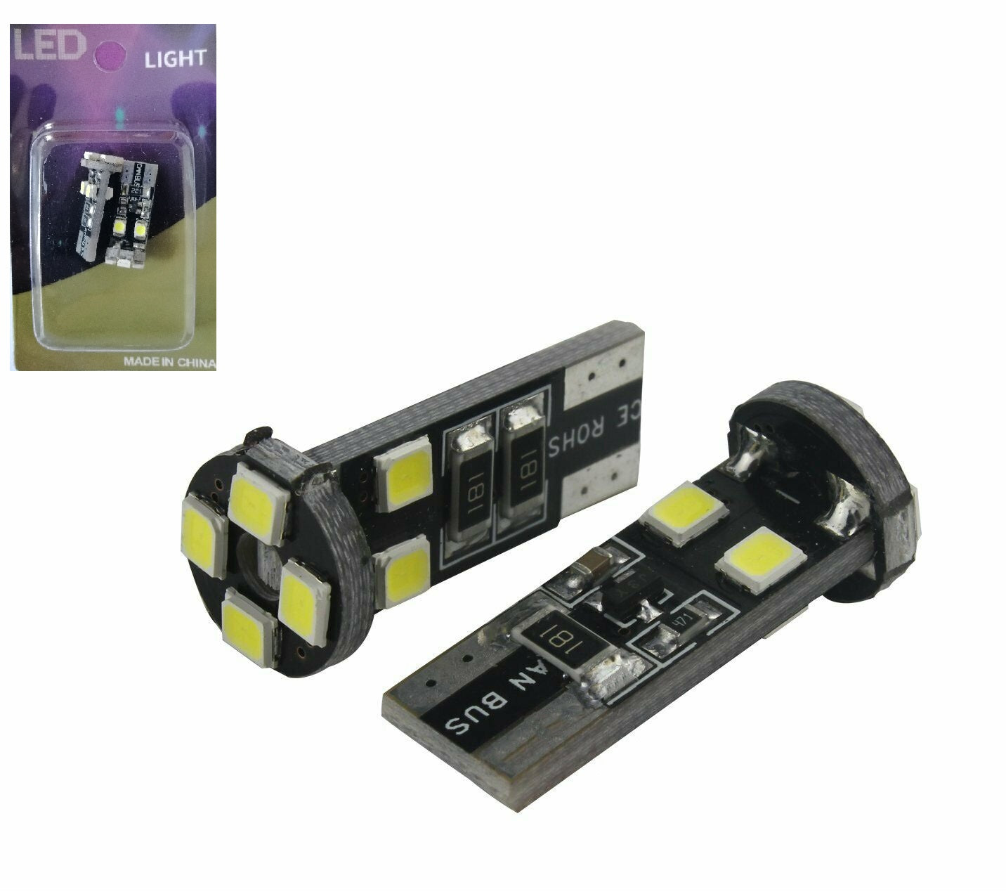 Комплкет от 2 броя LED  Диодни Крушки За Габарит Т10 W5W 8 SMD 12V Canbus - Error free Без грешки в Блистер