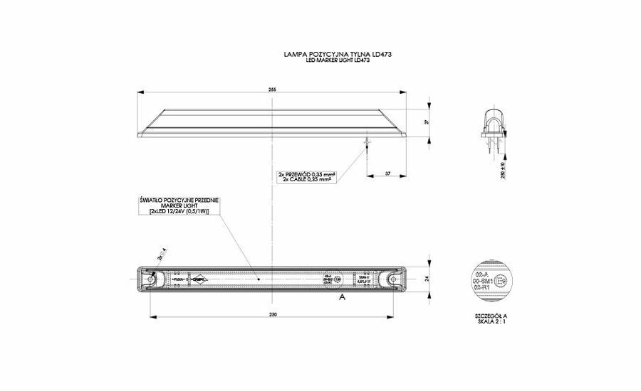 LED  Диоден Габарит Маркер Червен 25,5cm 12V - 24V E-Mark E9 от Полша