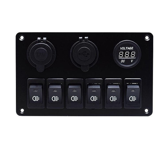 Панел за вграждане с 6 бутона, 2x USB, 12V изход и волтметър - универсален