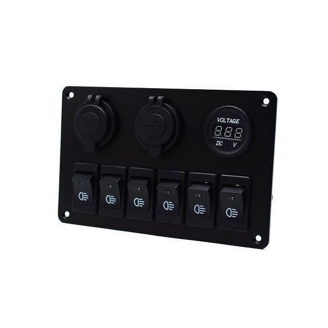 Панел за вграждане с 6 бутона, 2x USB, 12V изход и волтметър - универсален