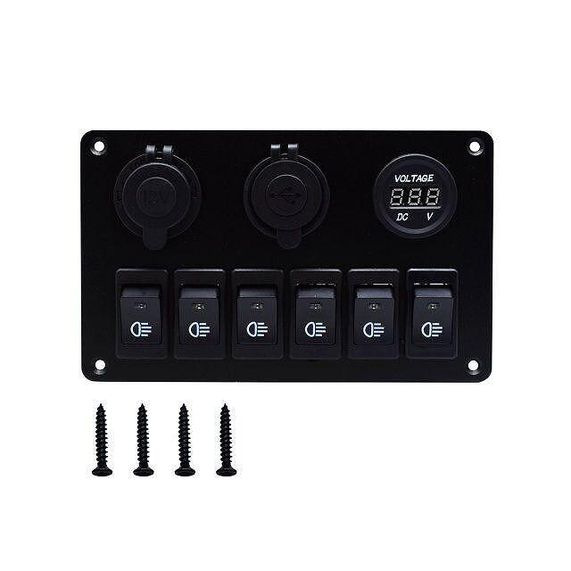 Панел за вграждане с 6 бутона, 2x USB, 12V изход и волтметър - универсален