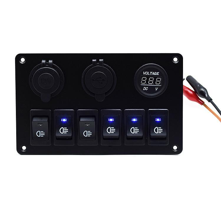 Панел за вграждане с 6 бутона, 2x USB, 12V изход и волтметър - универсален
