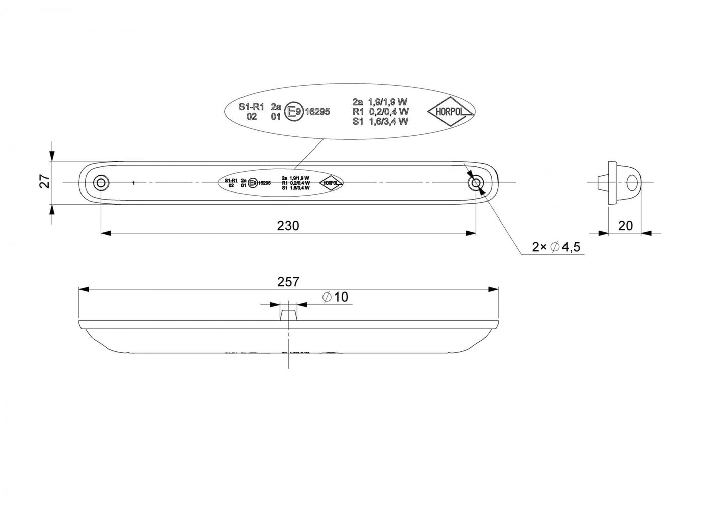 LED  Диодна Мултифункционална Задна Светлинаа С Три функции Стоп Габарит Мигач 12V - 24V E-Mark, 257mm x 27mm