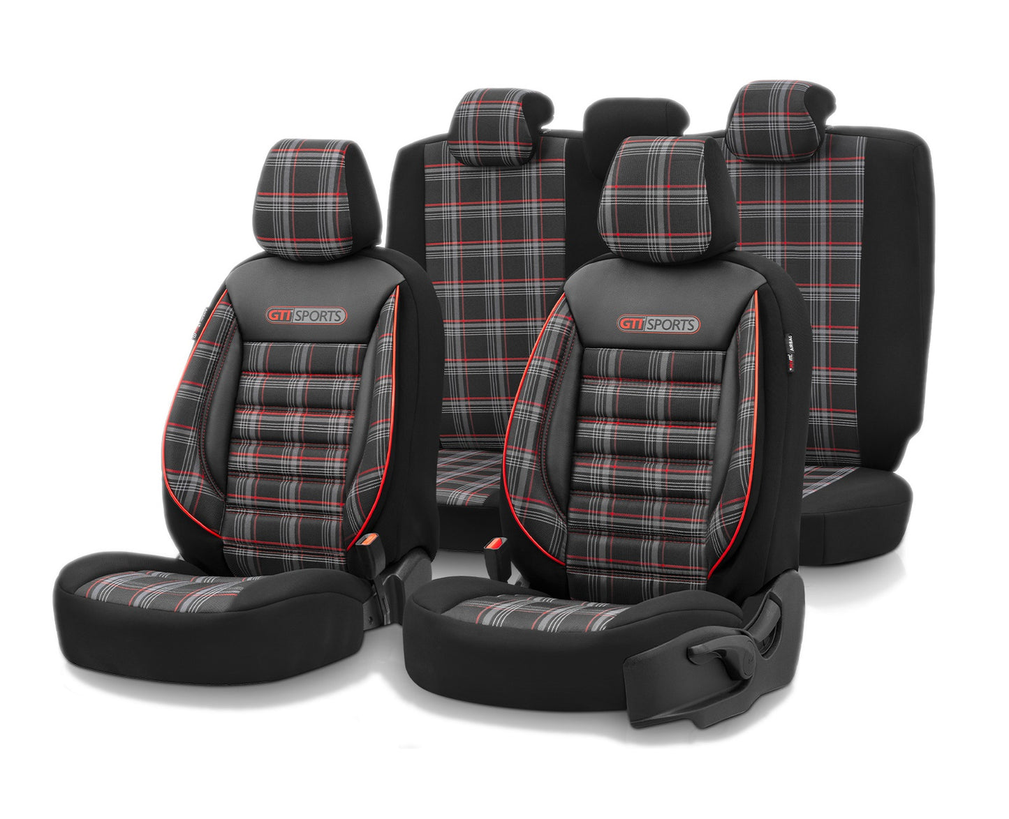 Комплект Луксозна Тапицерия OTOM текстил с еко кожа GTI SPORTS Design – Черна с червен шев, за Предни и Задни Седалки