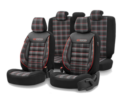 Комплект Луксозна Тапицерия OTOM текстил с еко кожа GTI SPORTS Design – Черна с червен шев, за Предни и Задни Седалки