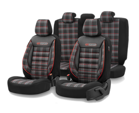 Комплект Луксозна Тапицерия OTOM текстил с еко кожа GTI SPORTS Design – Черна с червен шев, за Предни и Задни Седалки