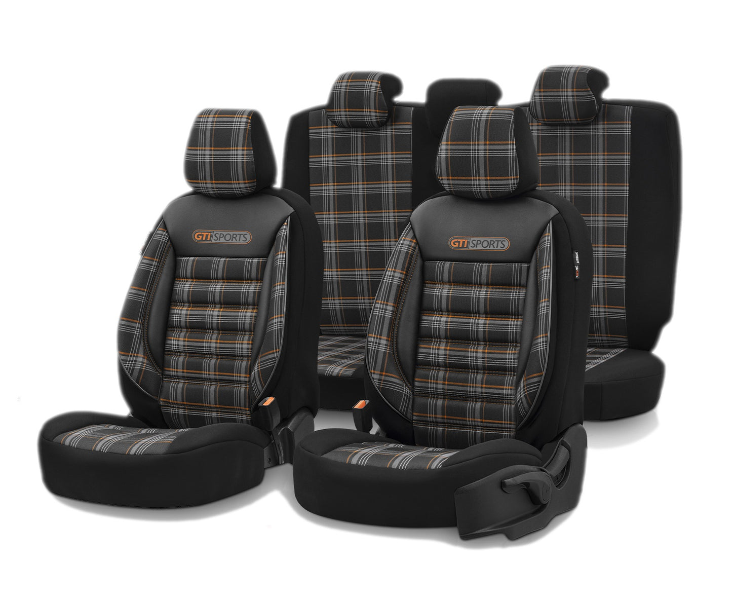 Комплект Луксозна Тапицерия OTOM текстил с еко кожа GTI SPORTS Design – Черна с оранжев шев, за Предни и Задни Седалки