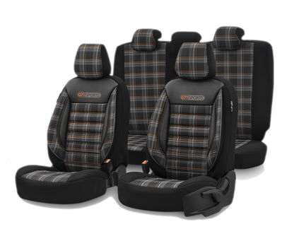 Комплект Луксозна Тапицерия OTOM текстил с еко кожа GTI SPORTS Design – Черна с оранжев шев, за Предни и Задни Седалки