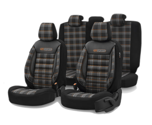 Комплект Луксозна Тапицерия OTOM текстил с еко кожа GTI SPORTS Design – Черна с оранжев шев, за Предни и Задни Седалки