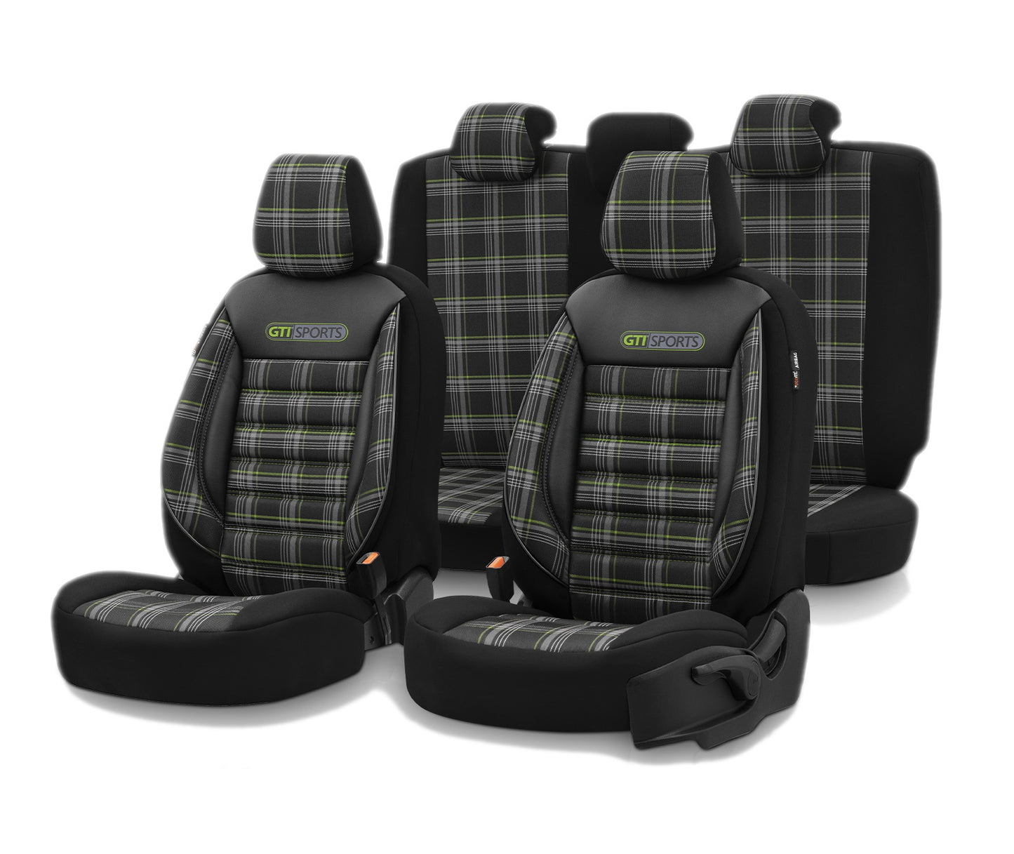 Комплект Луксозна Тапицерия OTOM текстил с еко кожа GTI SPORTS Design – Черна със зелен шев, за Предни и Задни Седалки