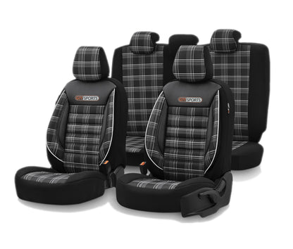 Комплект Луксозна Тапицерия OTOM текстил с еко кожа GTI SPORTS Design – Черна с бял шев, за Предни и Задни Седалки