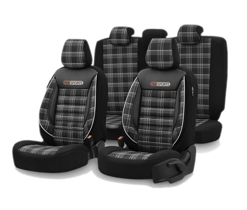 Комплект Луксозна Тапицерия OTOM текстил с еко кожа GTI SPORTS Design – Черна с бял шев, за Предни и Задни Седалки