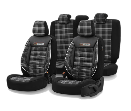 Комплект Луксозна Тапицерия OTOM текстил с еко кожа GTI SPORTS Design – Черна с бял шев, за Предни и Задни Седалки