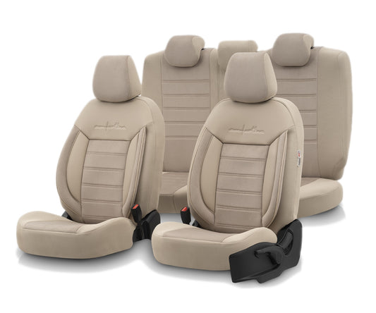 Комплект Луксозна Тапицерия OTOM текстил с еко кожа COMFORT LINE Design – Бежова с бежов шев, за Предни и Задни Седалки