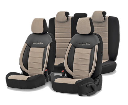 Комплект Луксозна Тапицерия OTOM текстил с еко кожа COMFORT LINE Design – Бежово-Черна с бежов шев, за Предни и Задни Седалки