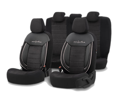 Комплект Луксозна Тапицерия OTOM текстил с еко кожа COMFORT LINE Design – Черна с бял шев, за Предни и Задни Седалки