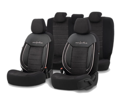 Комплект Луксозна Тапицерия OTOM текстил с еко кожа COMFORT LINE Design – Черна с бял шев, за Предни и Задни Седалки