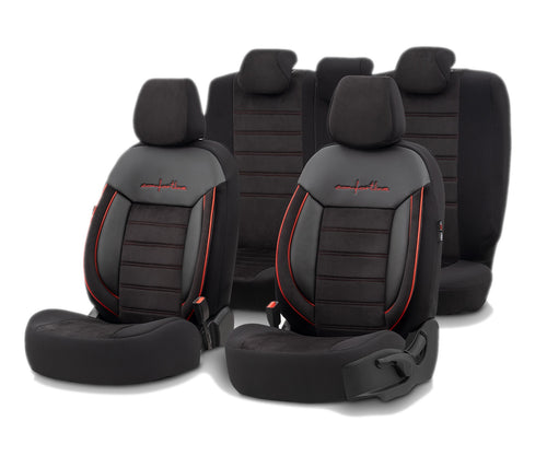 Комплект Луксозна Тапицерия OTOM текстил с еко кожа COMFORT LINE Design – Черна с червен шев, за Предни и Задни Седалки