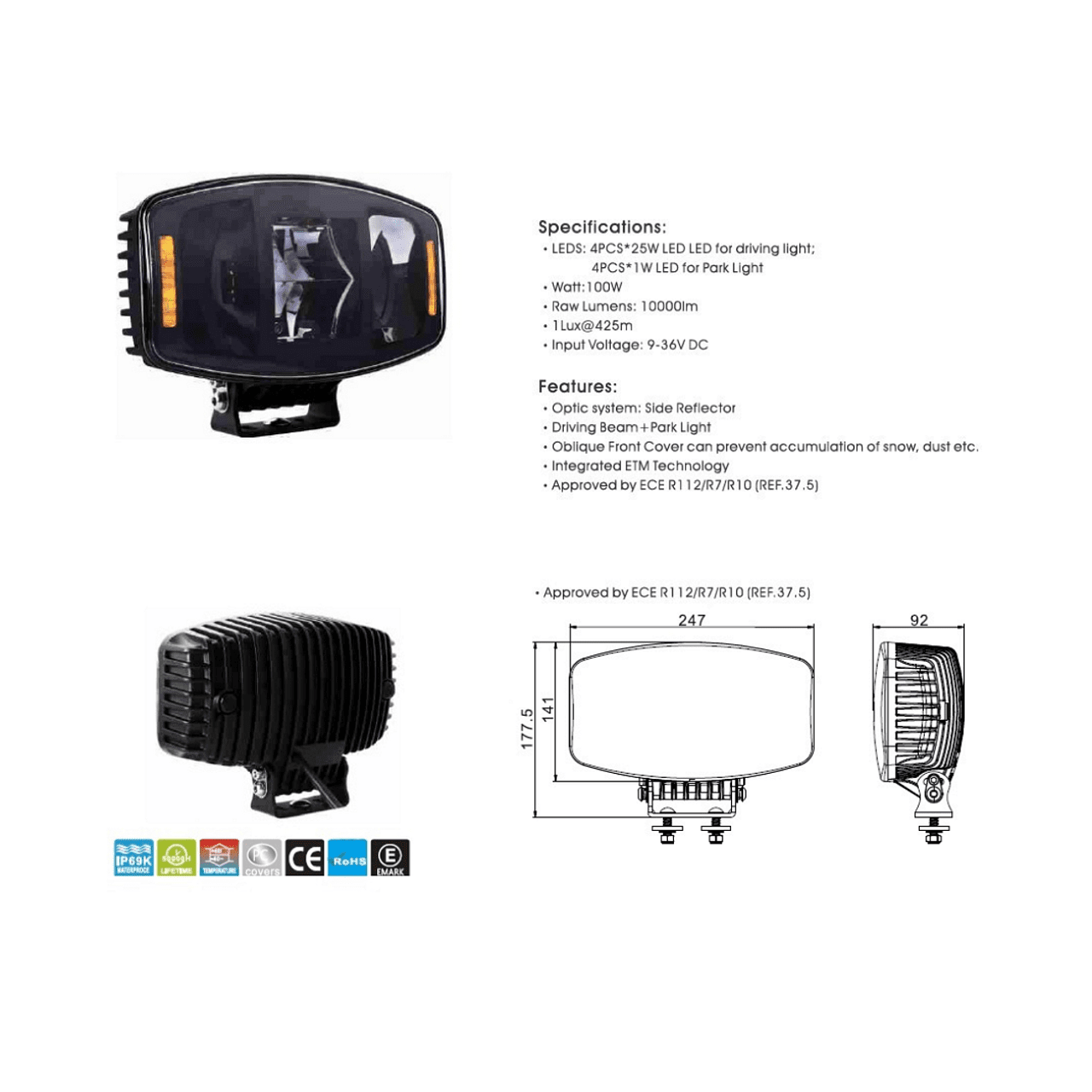 1бр LED правоъгълен фар 247мм 100W 12V/24V, бяла + жълта светлина
