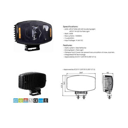 1бр LED правоъгълен фар 247мм 100W 12V/24V, бяла + жълта светлина