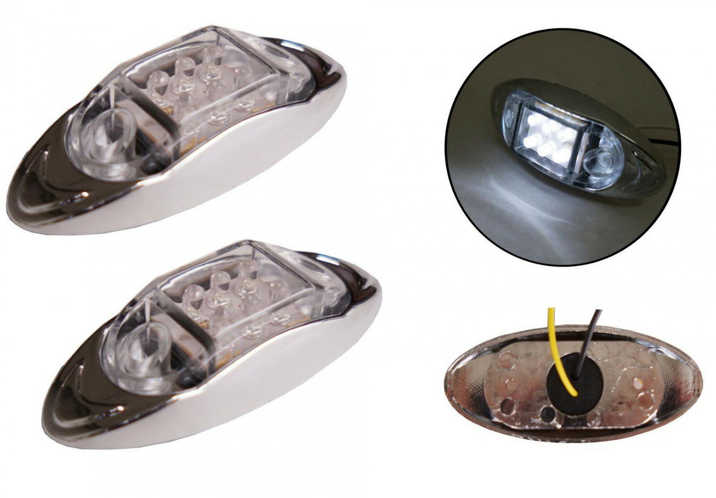 1бр 24V БЯЛ - 6 LED диоден страничен маркер / токос - габаритна светлина за камиони, тирове и ремаркета - 100мм х 42мм - хромиран корпус