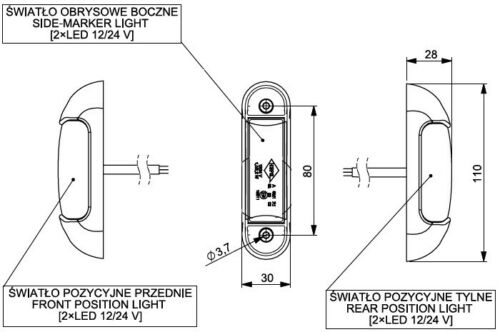 LED Светодиоден Страничен Габарит, Бял, Червен цвят, 110mm x 28mm, 12V-24V