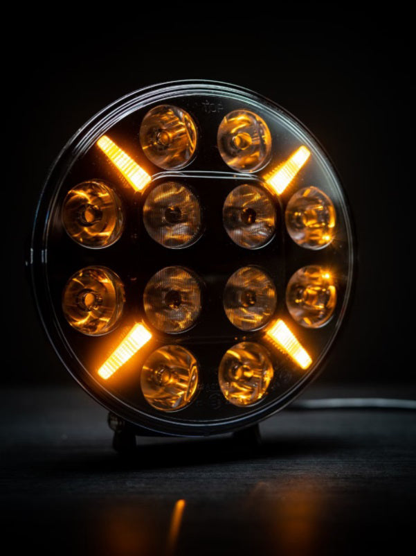 LED Диоден Халоген, Dark knight , Фар, с Жълт, Оранжев Габарит, Ø 218мм, 12V 24V, 12 Диода, За Джип, Камион, Трактор, Багер, Земеделски Машини и др.