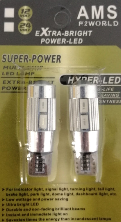 Комплект от 2 броя Led Крушки За Габарит Т10 W5W LED 10 SMD Canbus 12V Синя Светлина в блистер
