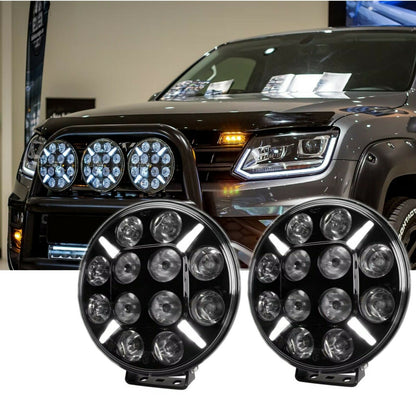 LED Диоден Халоген, Фар, с Бял Габарит, Ø 218мм, 12V 24V, 12 Диода, За Джип, Камион, Трактор, Багер, Земеделски Машини и др.