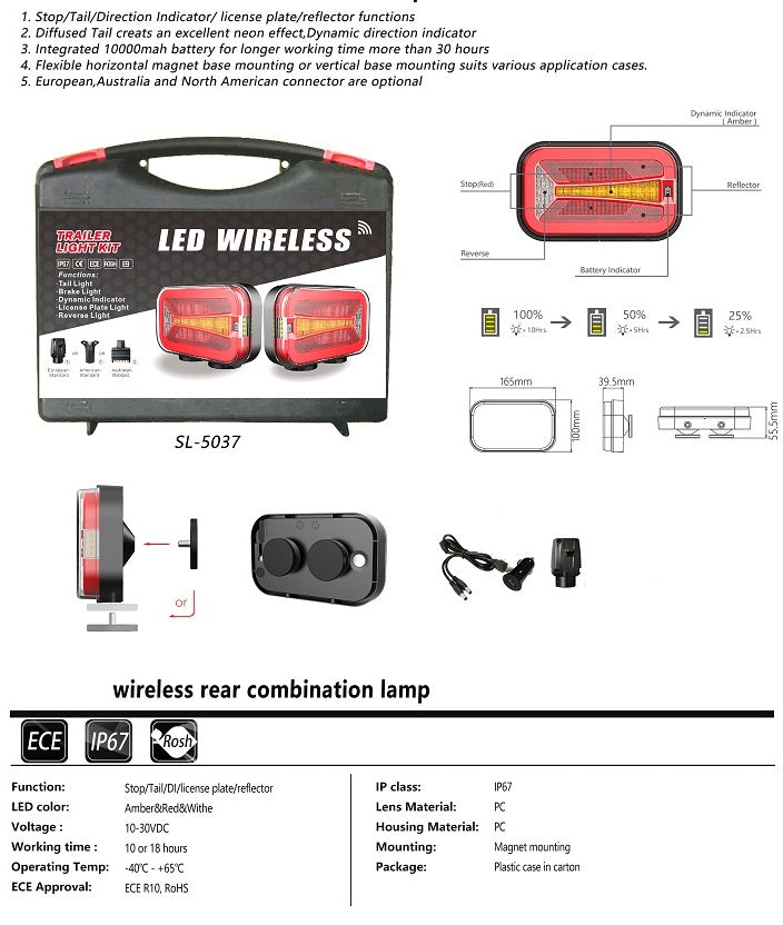 Комплект Безжични Преносими Диодни LED Стопове Wireless с Магнит Неон Neon Ефект 12-24V 165mm х 100mm x 39.5 mm за Ремарке Каравана Платформа и др.