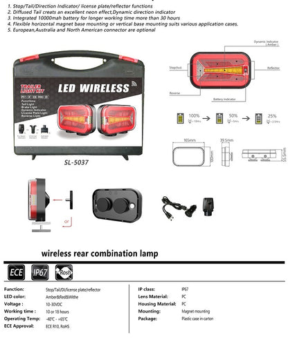 Комплект Безжични Преносими Диодни LED Стопове Wireless с Магнит Неон Neon Ефект 12-24V 165mm х 100mm x 39.5 mm за Ремарке Каравана Платформа и др.