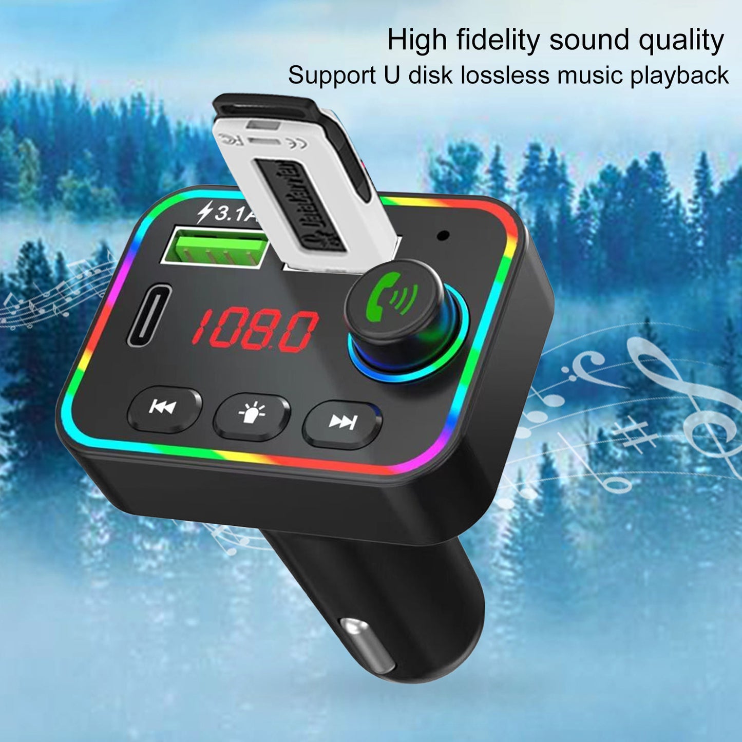 FM радио трансмитер зарядно телефон HZ-BT-F4, 87.5 MHz до 108.0 MHz Bluetooth 2x USB черен с подсветка 12V - 24V