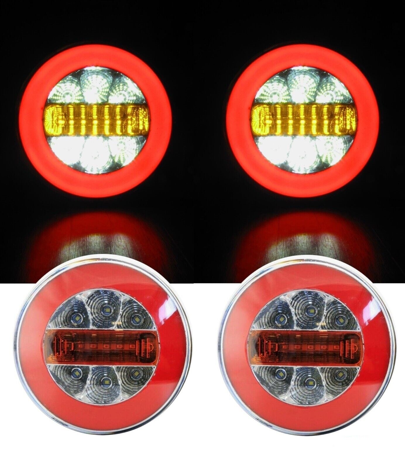 Комплект от 2 броя кръгли LED светодиодни стопове задна светлина с Neon неон ефект тип хамбургер 12V Ø14 см