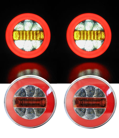 Комплект от 2 броя кръгли LED светодиодни стопове задна светлина с Neon неон ефект тип хамбургер 12V Ø14 см