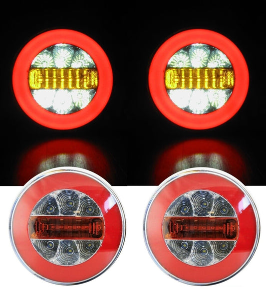 Комплект от 2 броя кръгли LED светодиодни стопове задна светлина с Neon неон ефект тип хамбургер 12V Ø14 см
