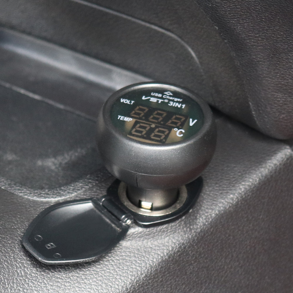 Мултифункционален дигитален уред 3 в 1 Волтметър Термометър и USB зарядно за автомобил