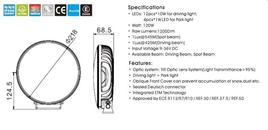 LED Диоден Халоген Фар Бял Оранжев Габарит Ø 218 мм 12V 24V 12 Диода за джип камион трактор багер земеделски машини и др.