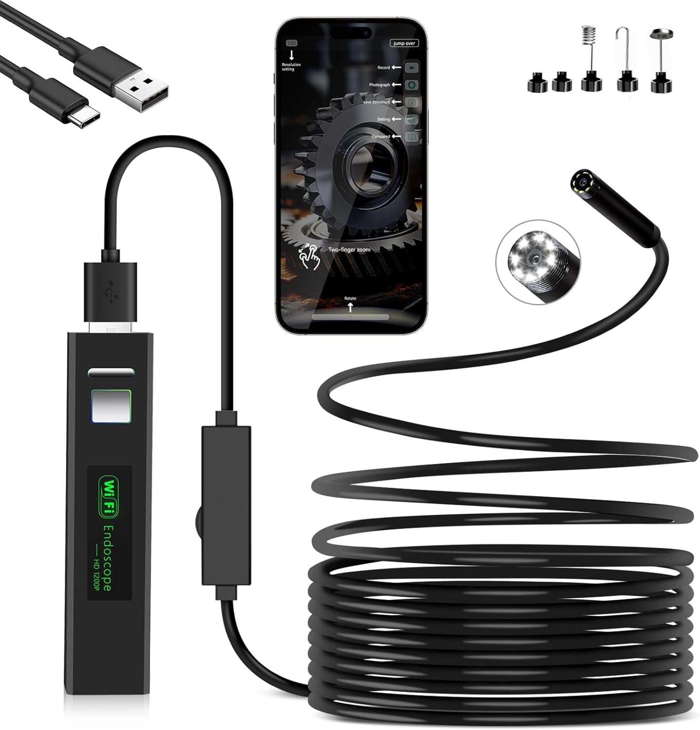 HD WIFI Безжичен ендоскоп камера за телефон съвместим с iOS и Android 1200p 5м кабел