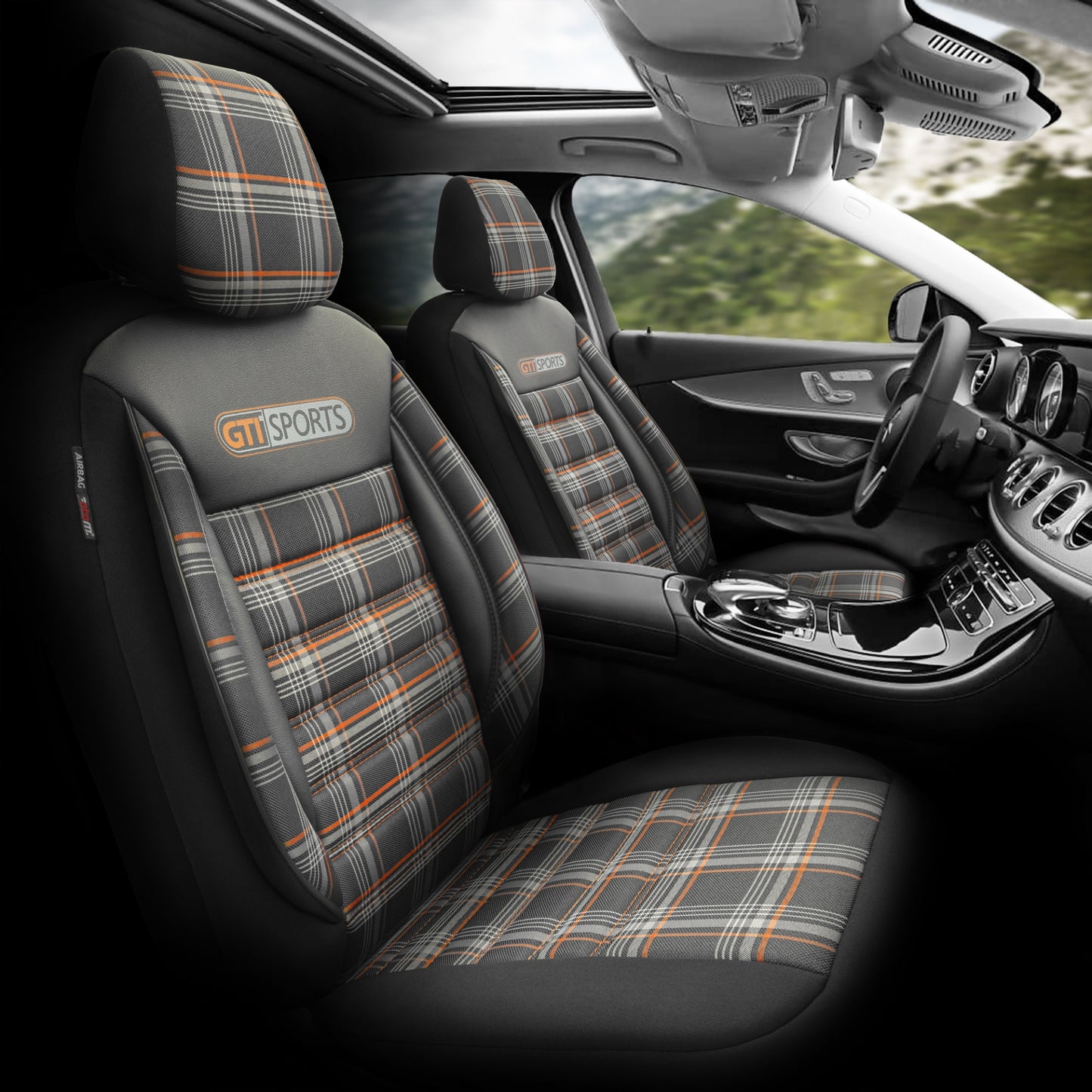 Комплект Луксозна Тапицерия OTOM текстил с еко кожа GTI SPORTS Design – Черна с оранжев шев, за Предни и Задни Седалки
