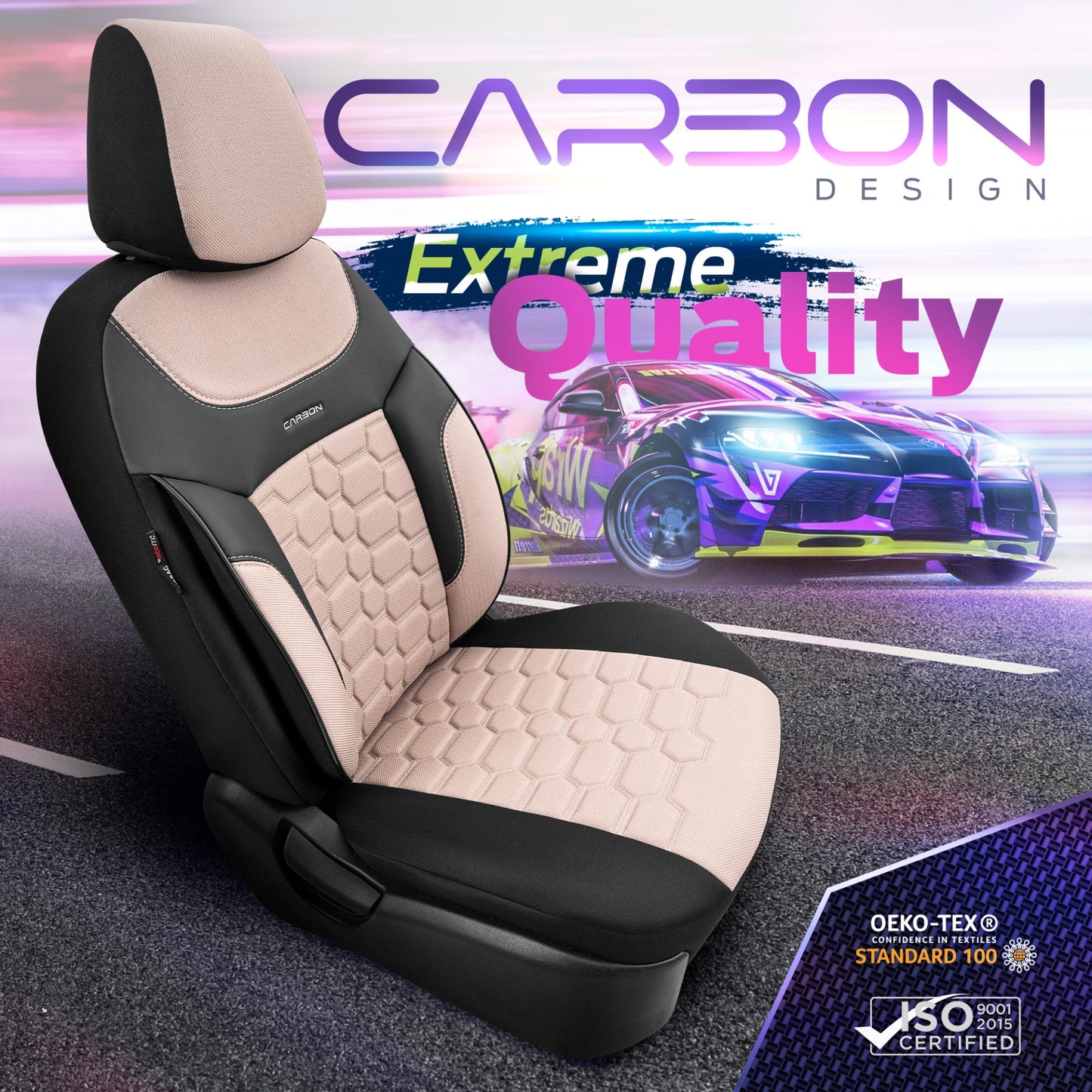 Комплект Луксозна Тапицерия OTOM текстил с еко кожа CARBON Design – Бежово-Черна с бежов шев, за Предни и Задни Седалки