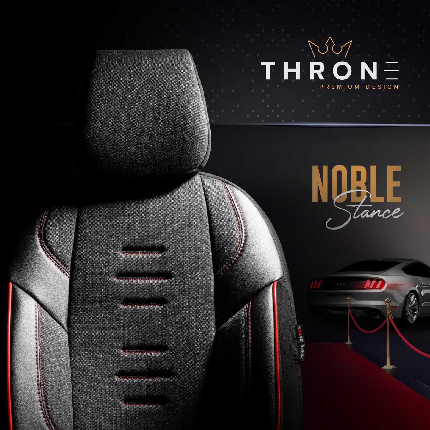 Комплект Луксозна Тапицерия OTOM текстил с еко кожа THRONE Design – Черна с червен шев, за Предни и Задни Седалки